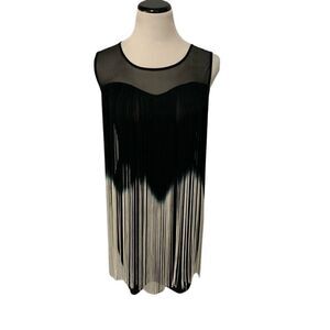 Lydia USA Sleeveless Black and White Ombre Fringe Mini Dress Sz S